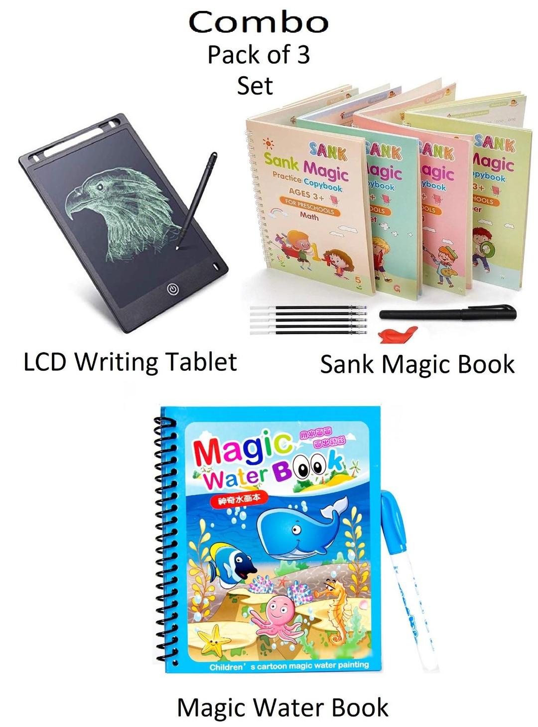 Kids Creativity Combo – Magic Water Book, LCD Writing Tablet & Sank Magic Book