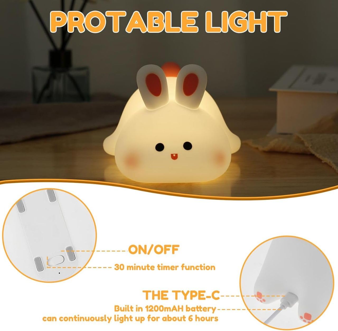 USB Rechargeable Cute Rabbit Silicon LED Lamp Light